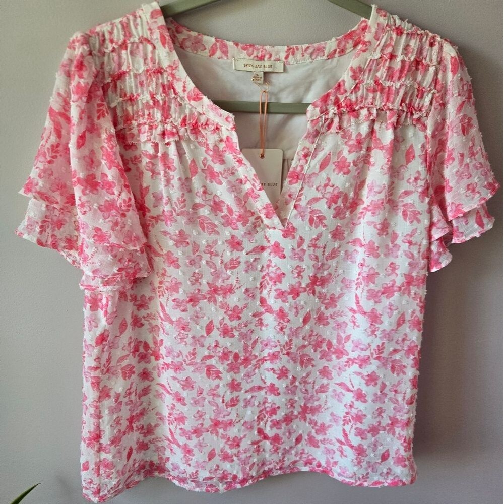 Skies Are Blue Pink Floral Swiss Dot Ruffle Sleeve Blouse - Size Small